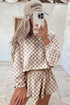 Trendy Checkerboard Print Long Sleeve Crop Top Matching Skort Lounge Set